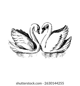 Esboço de cisnes vintage. Ilustração de vetor desenhada à mão isolada no plano de fundo branco