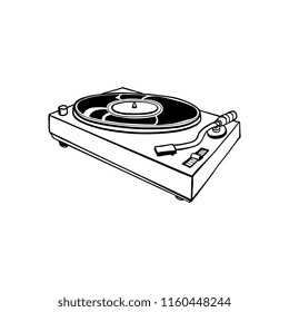 Sketch vintage vinyl player with needle or dj club turnable equipment in black silhouette icon. Retro sound equipment, musical playing tool for party. Vector illustration