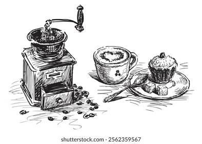 Sketch of vintage wooden coffee grinder with beans, coffee cup, cupcake on saucer, realistic hand drawn vector illustration isolated on white