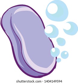 Sketch A violet soap set isolated on white background with few blue bubbles and viewed from the side, vector, color drawing or illustration.