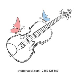 The Sketch of a violin with red and blue butterflies.