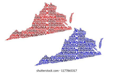 Sketch Virginia (United States of America) letter text map, Virginia map - in the shape of the continent, Map Commonwealth of Virginia - red and blue vector illustration