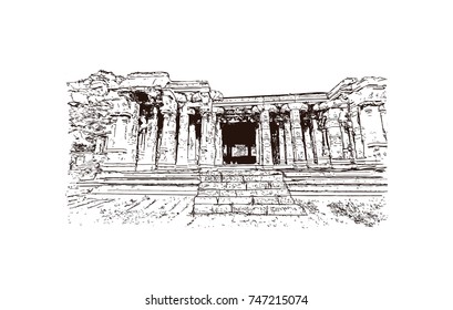 Sketch of Vittalla temple in Hampi, Karnataka, India in vector illustration.
