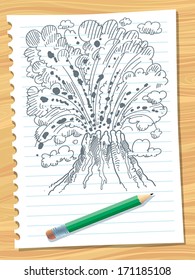Sketch of volcano exploding.