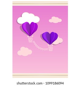 Sketch volume paper card on the theme of Valentine's day with the image of aerostat or balloons in the shape of hearts on a pink background. Vector cartoon close-up illustration.