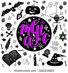Sketch: voodoo magic, doodle style, hand-drawn. Vector illustration, template graphic design for posters, flyers, cards or vouchers.