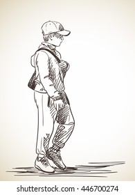 Sketch of walking boy in cap, Hand drawn illustration