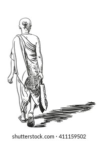 Esboço de homem brahmin andando, Vista de trás, ilustração desenhada à mão