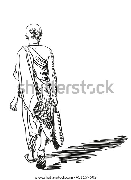Sketch of walking brahmin man, View from\
back, Hand drawn\
illustration