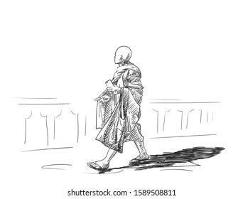 Sketch of walking buddhist monk with smart phone in hand walking outside, Hand drawn vector illustration