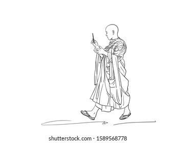 Sketch of walking buddhist monk with smart phone in hand, Hand drawn vector linear illustration isolated