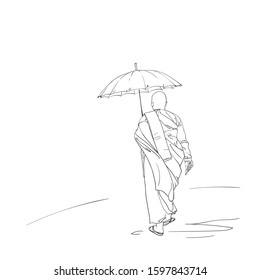 Sketch of walking buddhist nun under umbrella, Hand drawn vector linear illustration