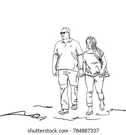 Sketch of walking couple of adults holding hands, Hand drawn vector illustration