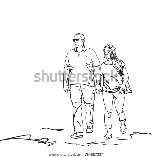 Sketch Walking Couple Adults Holding Hands Stock Vector Royalty