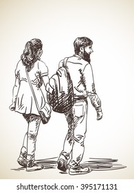 Sketch of walking couple, Hand drawn illustration