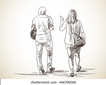 Sketch Walking Couple Hand Drawn Illustration Stock Vector (Royalty ...