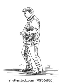Esbozo de un hombre gordo que camina en la gorra aislado sobre fondo blanco, Esbozo vectorial, ilustración dibujada a mano con sombras rayadas