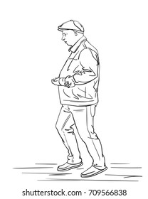 Esbozo de un hombre gordo que camina en la gorra, ilustración de la línea dibujada a mano aislado en el fondo blanco