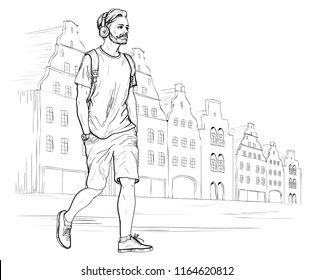 Sketch of walking hipster man in headphones. 