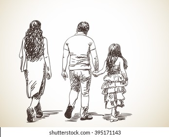 Sketch of walking indian family, Hand drawn illustration, From back