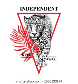 Sketch of a walking leopard with a red exotic palm leaf. Independent. Keep away  - lettering quote. Emblem, Hand drawn style print. Vector illustration.