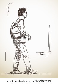 Sketch of walking Man with backpack Hand drawn illustration