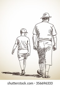 Sketch of walking man and boy, Hand drawn illustration