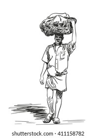 Sketch of walking man carrying big basket on his head, Hand drawn illustration