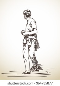 Sketch of walking man turned to look back, Hand drawn illustration