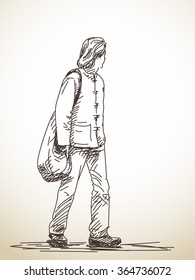 Sketch of walking man turned to look back, Hand drawn illustration