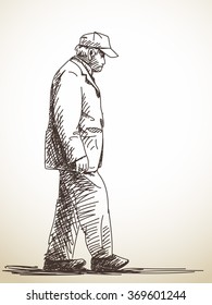 Sketch of walking old man, Hand drawn illustration
