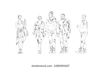 Sketch of walking people, young men and women in casual clothes are walking in the city