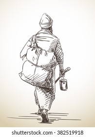 Sketch of walking pilgrim, Hand drawn illustration