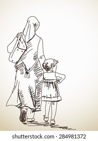 Sketch of walking woman and girl Hand drawn illustration