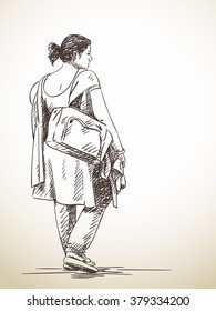 Sketch of walking woman, Hand drawn illustration