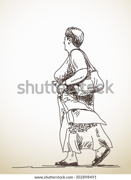 Sketch Walking Woman Hand Drawn Illustration Stock Vector (Royalty Free ...