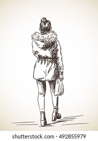Sketch of walking woman in jacket, Hand drawn illustration