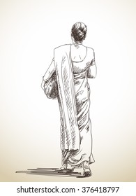 Sketch of walking woman in sari, Hand drawn illustration