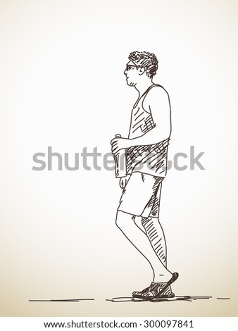 Sketch of walking young Man Hand drawn illustration