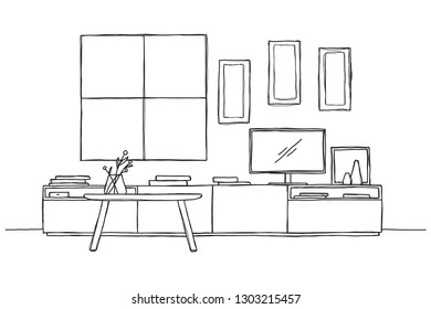 Sketch the wall under the TV. Vector illustration