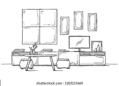 Sketch the wall under the TV. Vector illustration