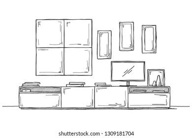 Sketch the wall under the TV. Vector illustration