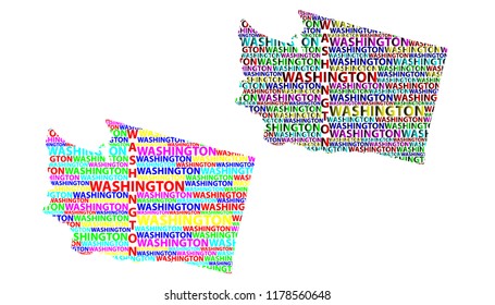 Sketch Washington (state) (United States of America) letter text map, Washington (state) map - in the shape of the continent, Map State of Washington - color vector illustration