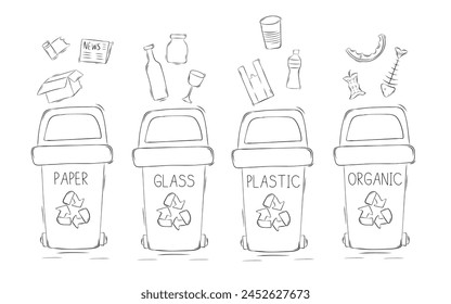 Sketch waste segregation. Sorting garbage by material and type in trash cans. Separating and recycling garbage. Vector illustration in doodle style