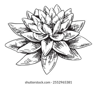 Sketch of water lily plant. Lotus flower bud in engraving style. Botanical vector illustration isolated on white.