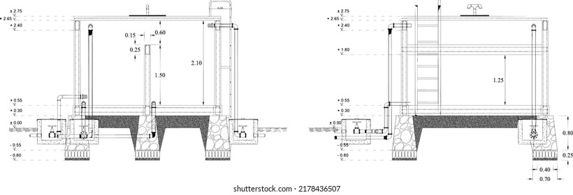 sketch of the water reservoir section with reinforced concrete construction, this reservoir sketch has an inlet pipe and outlet pipe for distribution and there is a gate valve