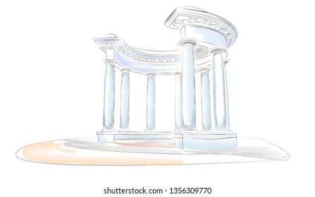 Sketch. Watercolor. Arbor with eight columns in the Doric style, Europe, Ukraine, Poltava. Rotunda of Friendship of Peoples