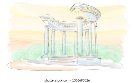 Sketch. Watercolor. Arbor with eight columns in the Doric style, Europe, Ukraine, Poltava. Rotunda of Friendship of Peoples