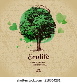 Sketch watercolor ecology poster. Hand drawn vector illustration