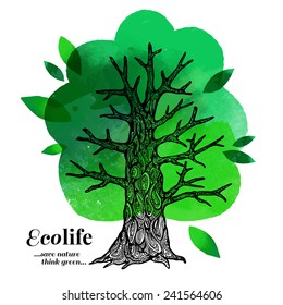 Sketch watercolor ecology poster. Hand drawn vector illustration of tree